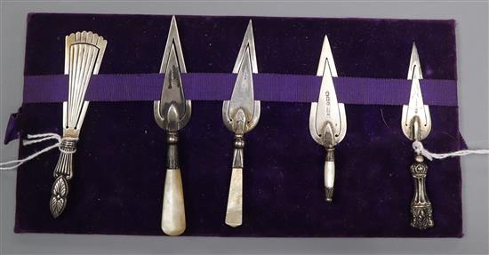 Five Victorian and later silver or white metal bookmarks, including four trowel and one fan-shaped example